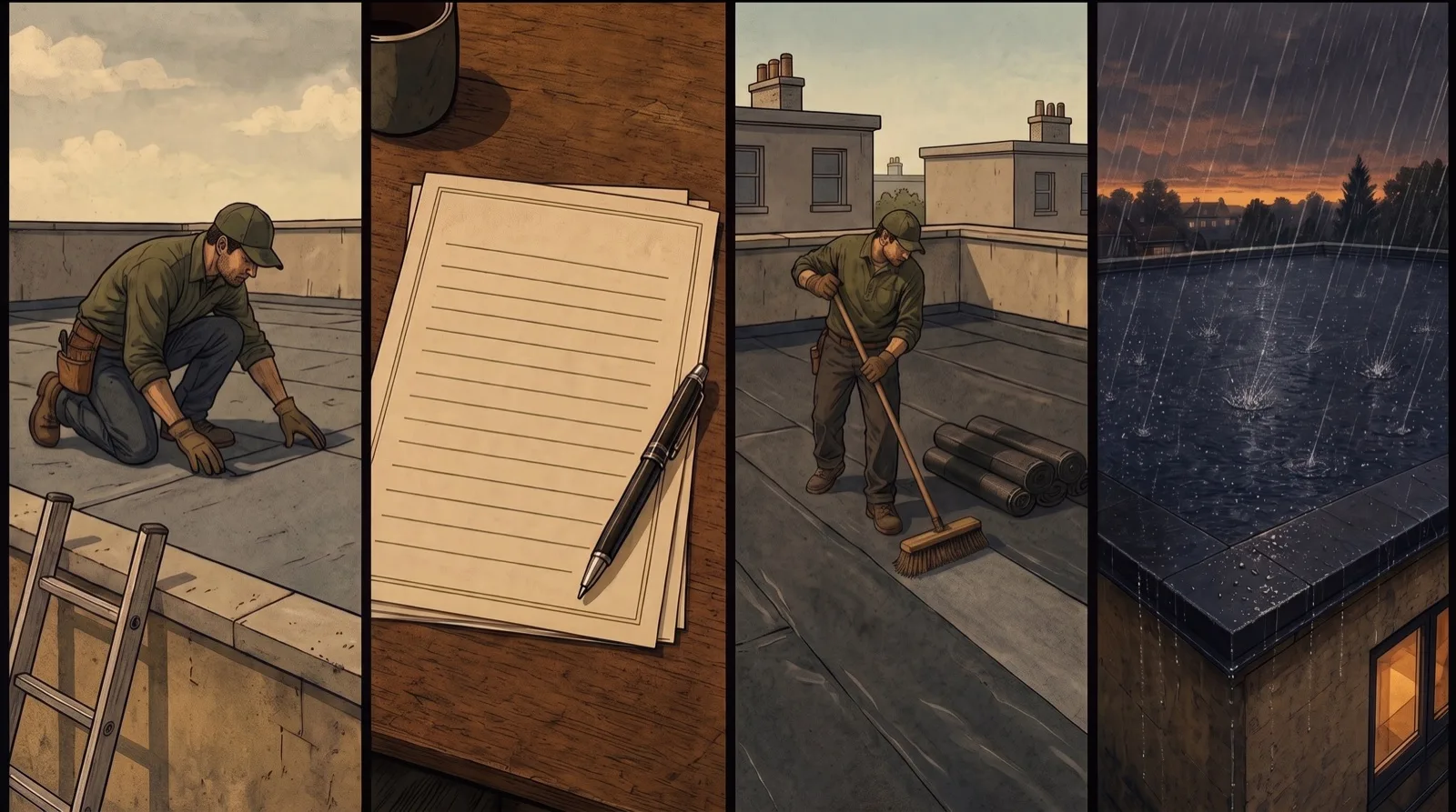 Four comic panels: checking a flat roof beside the ladder, a written quote on a desk, the roof swept clean beside rolls of membrane, rain falling on a finished flat roof at dusk