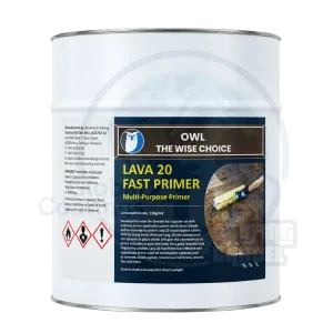 White 4kg tin of Owl Lava 20 FAST multi-purpose primer for surfaces going under liquid rubber