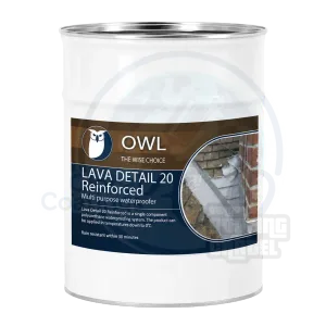 White metal tin of Owl Lava Detail 20 Reinforced multi purpose waterproofer, the label photo showing a coated valley gutter against a brick wall