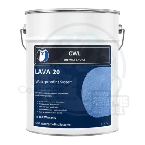 White metal pail of Owl Lava 20 waterproofing system with a wire carry handle, the navy label showing water beading on a coated surface