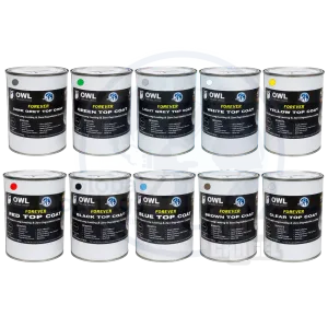 Ten white tins of Owl Forever top coat in two rows, one per colour: dark grey, green, light grey, white, yellow, red, black, blue, brown and clear