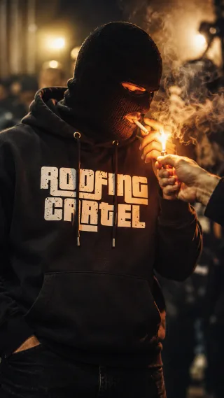 Person in a black balaclava wearing the black Roofing Cartel hoodie at a smoky night-time gathering