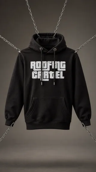 Black Roofing Cartel hoodie hanging from chains against a grey backdrop