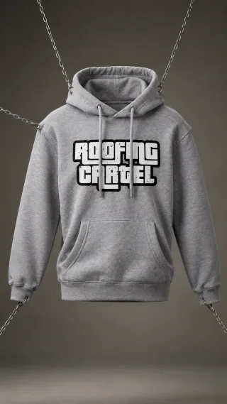 Grey Roofing Cartel hoodie hanging from chains against a grey backdrop