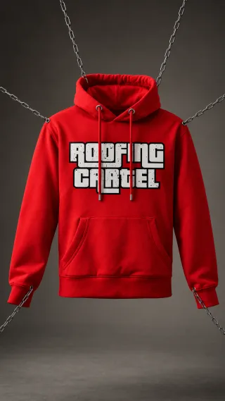 Red Roofing Cartel hoodie hanging from chains against a grey backdrop