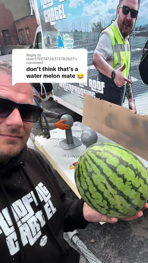 TikTok video cover: a crew member holding a watermelon beside the spray rig at the yard